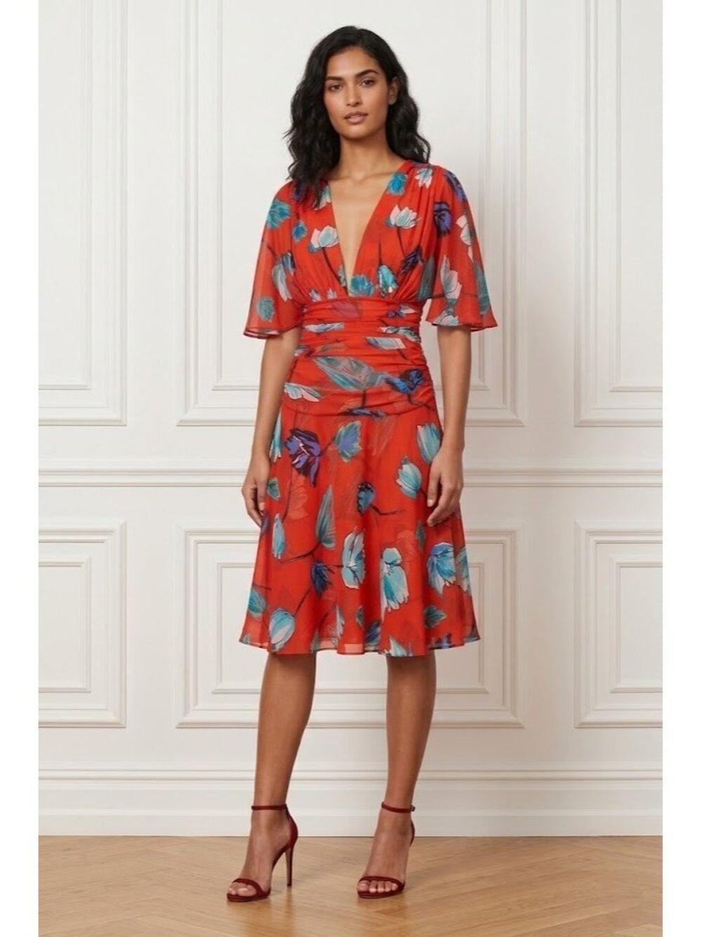 NWT Diane von Furstenberg DVF Flutter Sleeve Cinched Waist in Vermillion Dress M